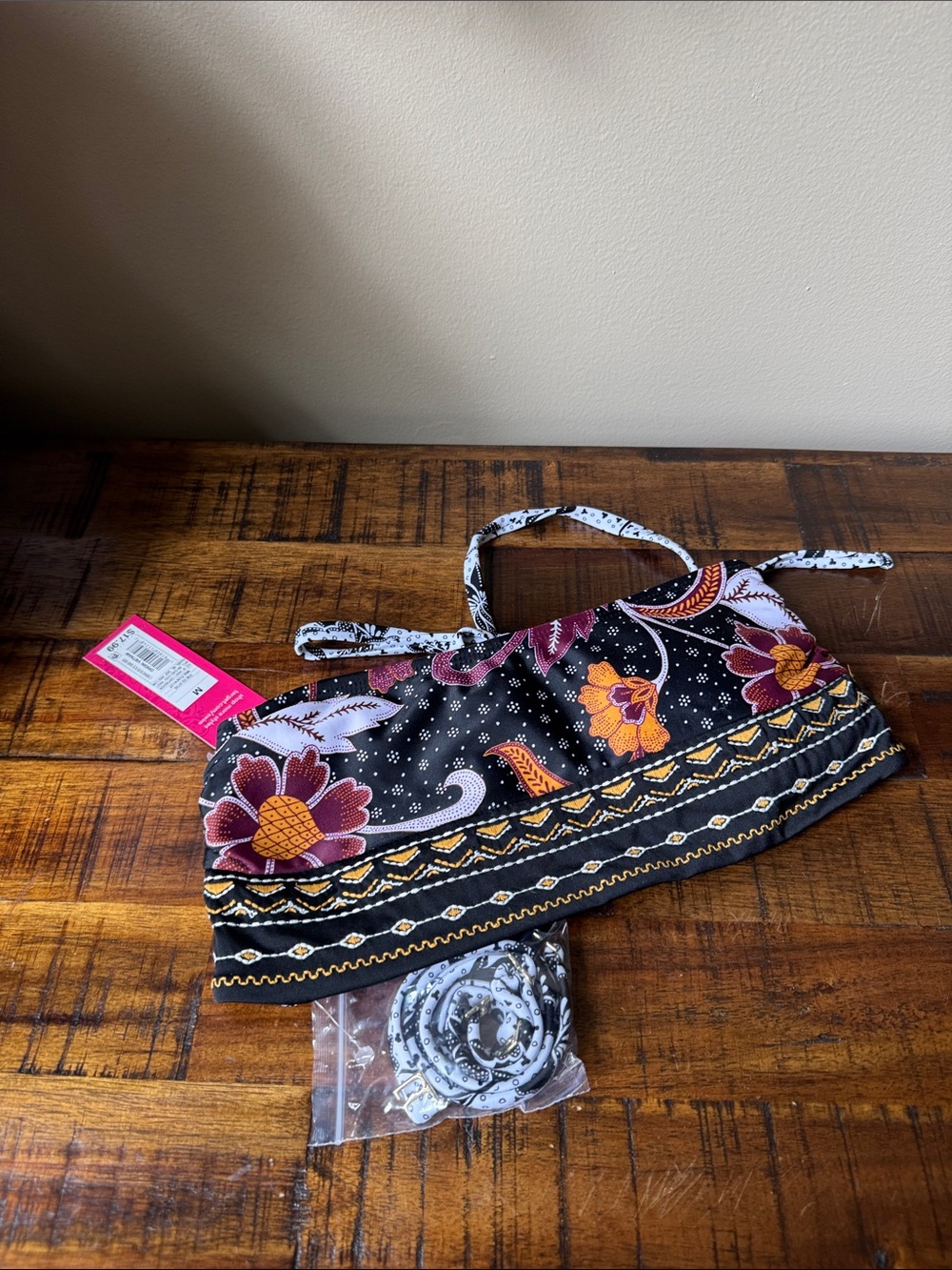 Mossimo Supply Co. Black Floral Bandeau Swim Top with Orange & Pink Accents